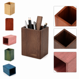 Desktop Square Wood Pen Cup with Colorful Grain Finish
