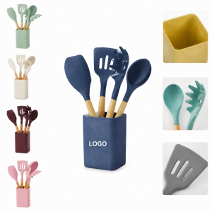5-Piece Bamboo and Silicone Culinary Tool Set with Matching Storage Holder